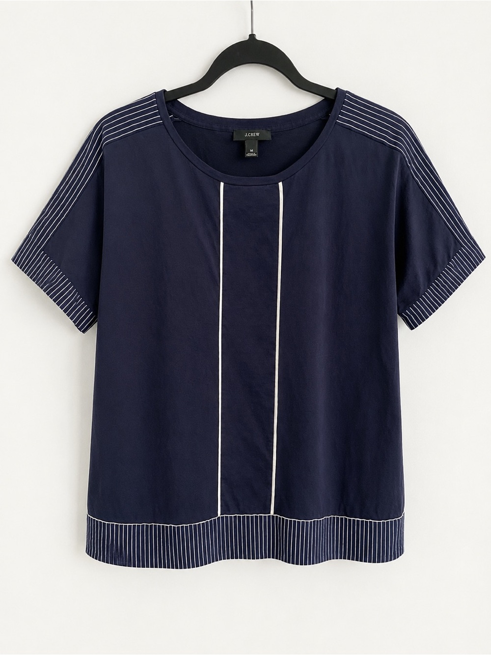 J.Crew Cotton Blouse Navy White Stripe Trim Short Sleeve Top Medium Work Office